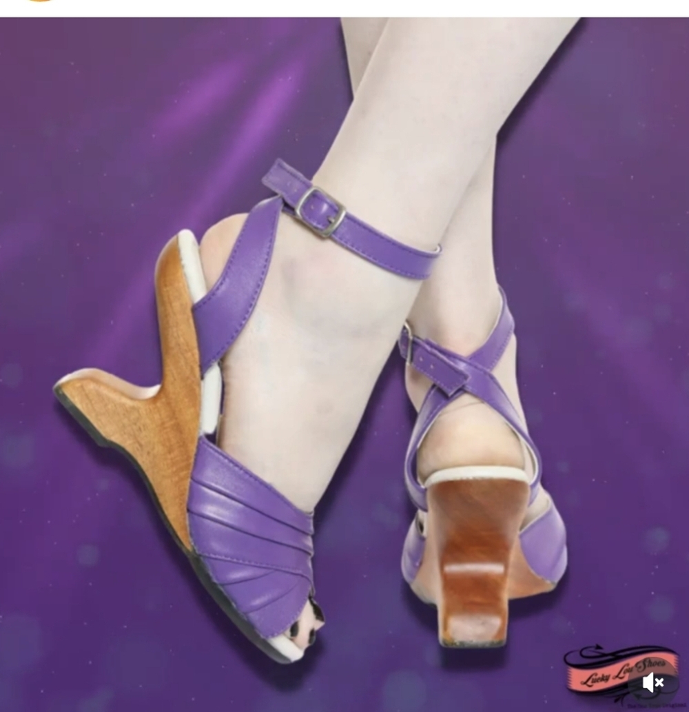 Lucky Lou Bang Purple Leather Boom Wedge Wood Heel Strap Sandal Nib Pinup 10 - Picture 2 of 11
